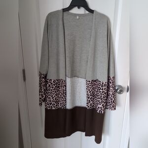 Women's Colorblock Leopard Print Open Front Long Sleeve Cardigan Sz L